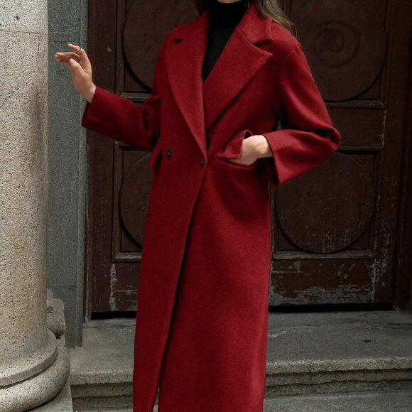 Red Casual Women's Lapel Long Coat - Picture 3 of 8